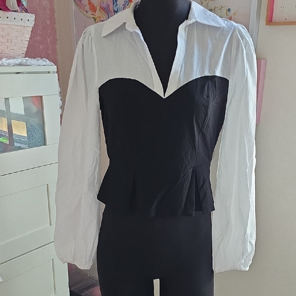 Wish Black and White Bustier Peplum Blouse
